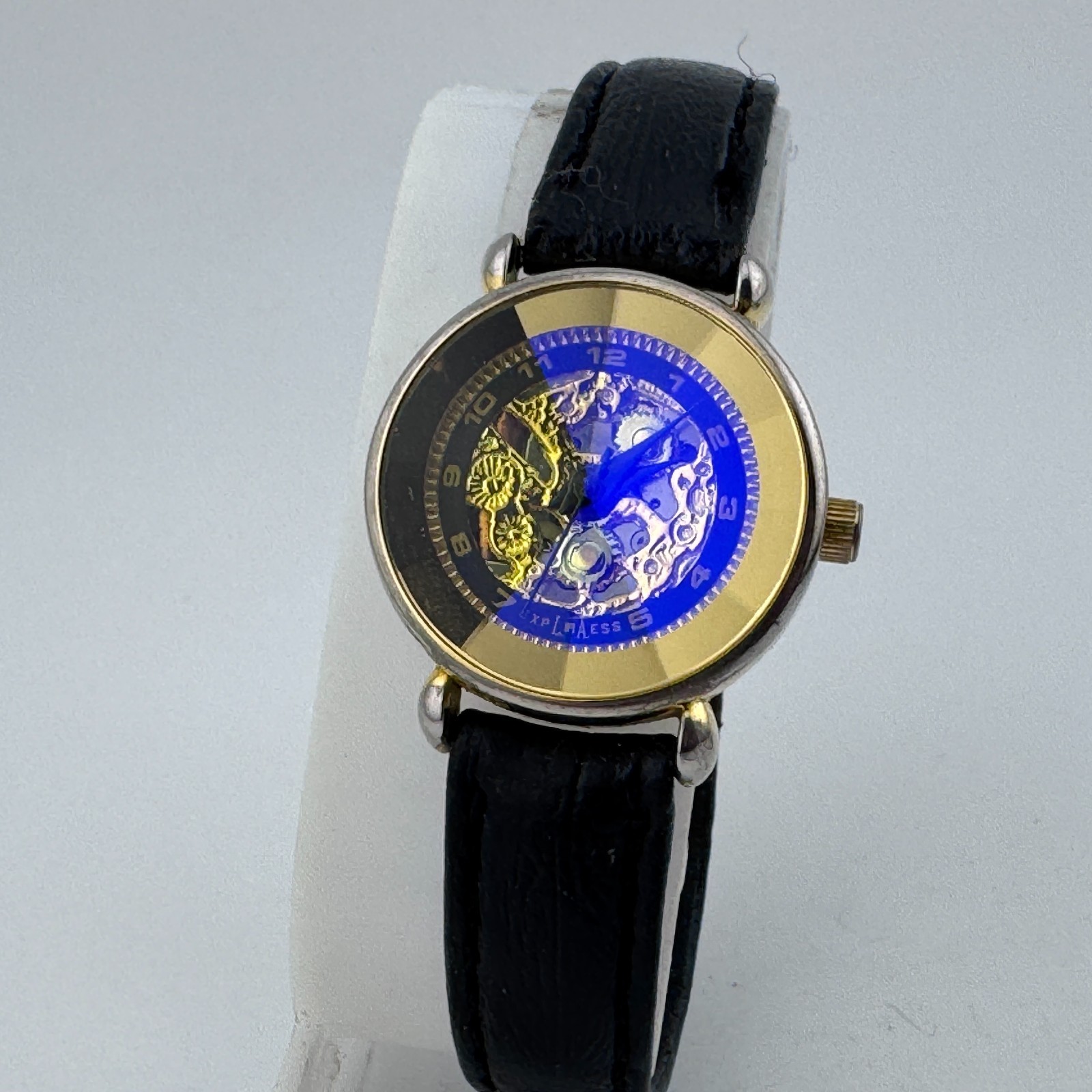 VTG LA Express Quartz Watch Women Gold Tone Skeleton Prism Leather New Battery