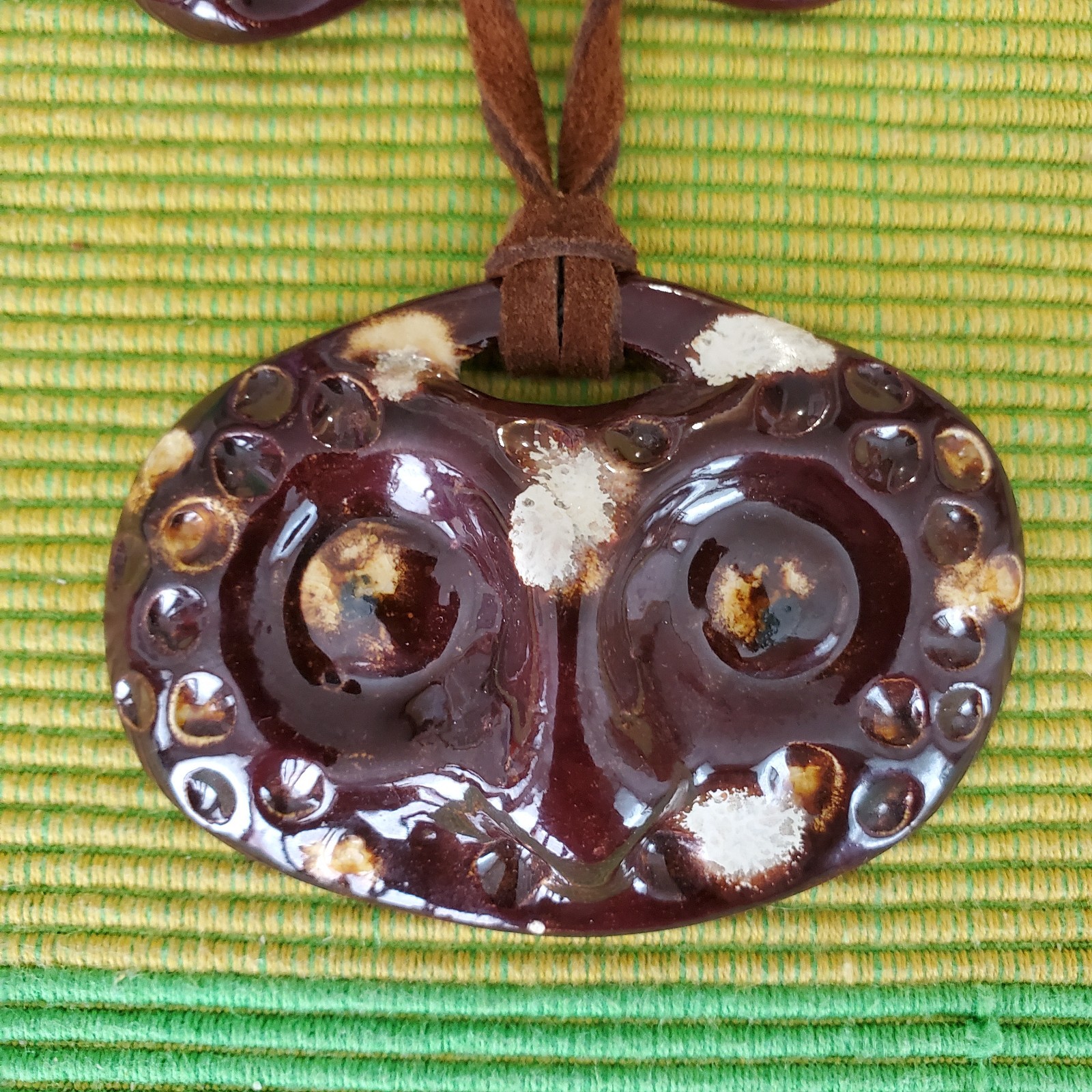 Imnuk Signed Owl Alaska Necklace Art Handcraft Ceramic Bead Leather Cord Vintage