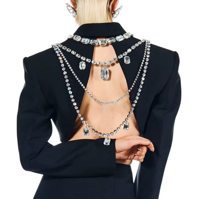 Luxury Crystal Back Necklace Body Chain Bridal Rhinestone Harness Wedding Silver