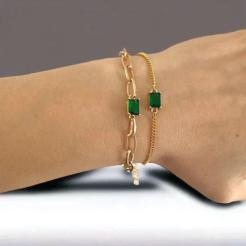 1 Ct Emerald Cut Simulated Emerald Paperclip Bracelet 925 Yellow Sterling Silver