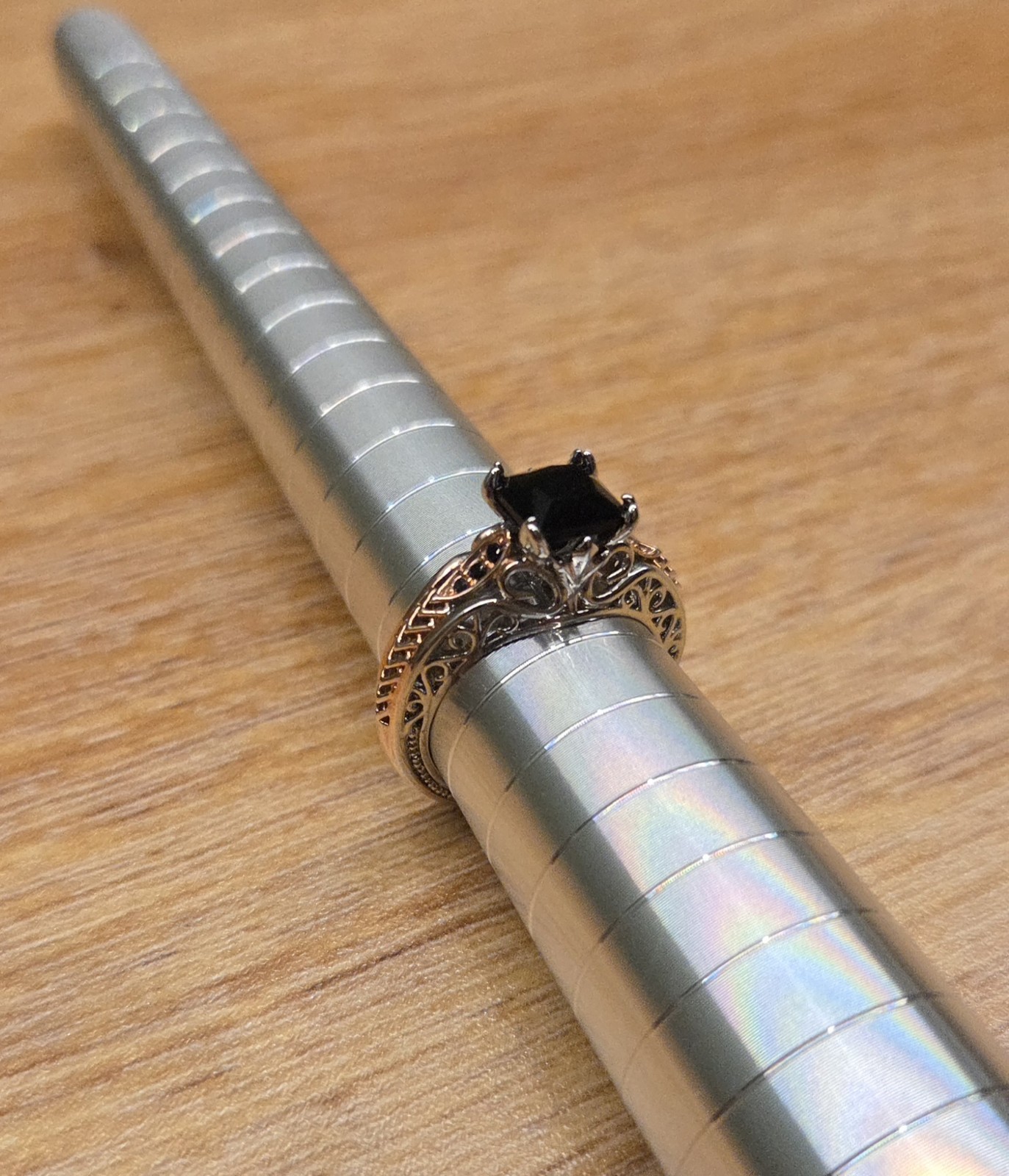 1.5 CT Princess Black Onyx Vtg Style 925 Silver Rose Gold Filigree Ring New Sz 7