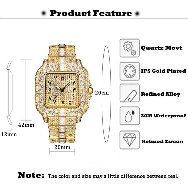 Arabic Hip Hop Ice out Luxury Men Watch Iced King Bling Gold Baguette Cz Diamond