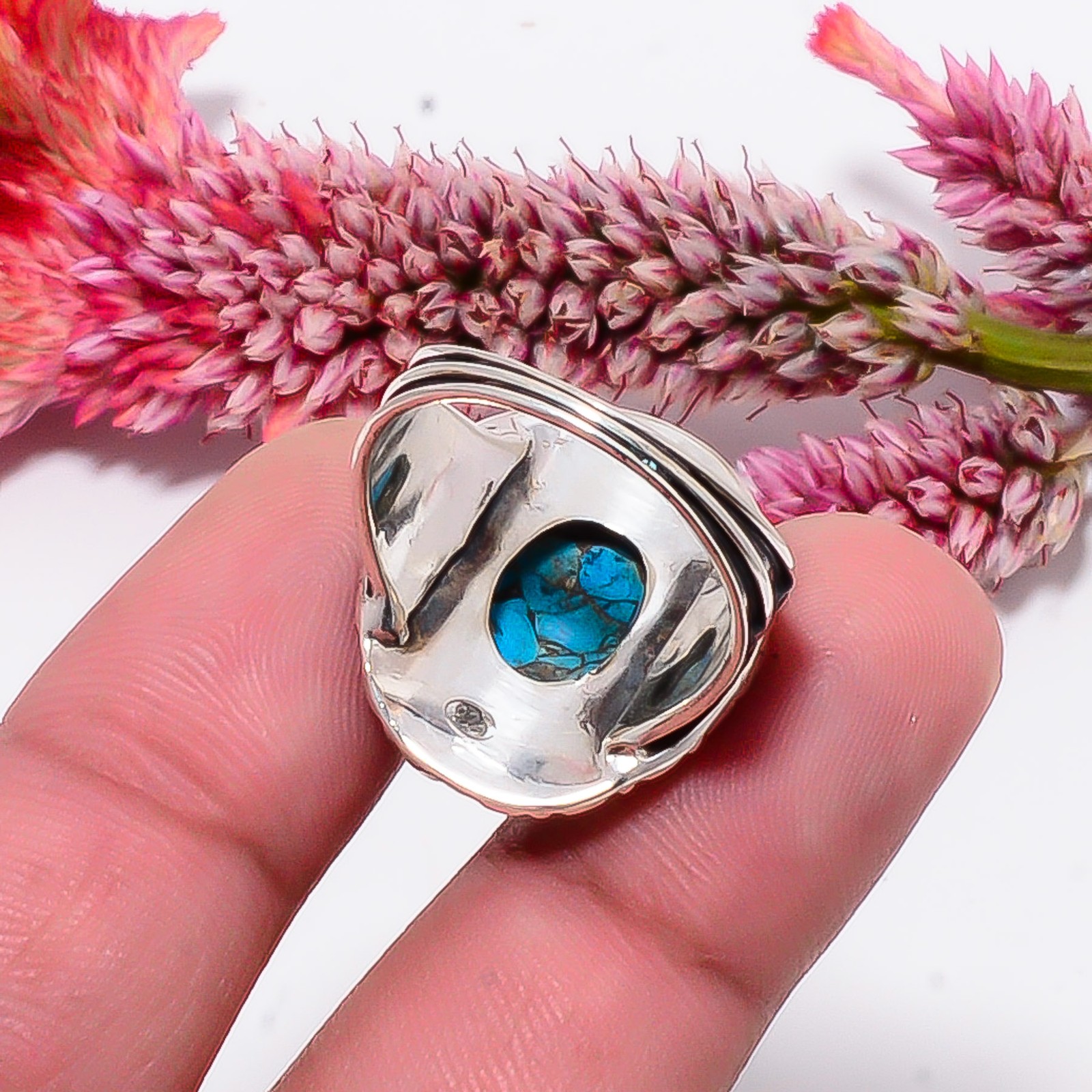 Copper Blue Turquoise Fine Art Oxidised 925 Sterling Silver Ring S.8.5 R115522
