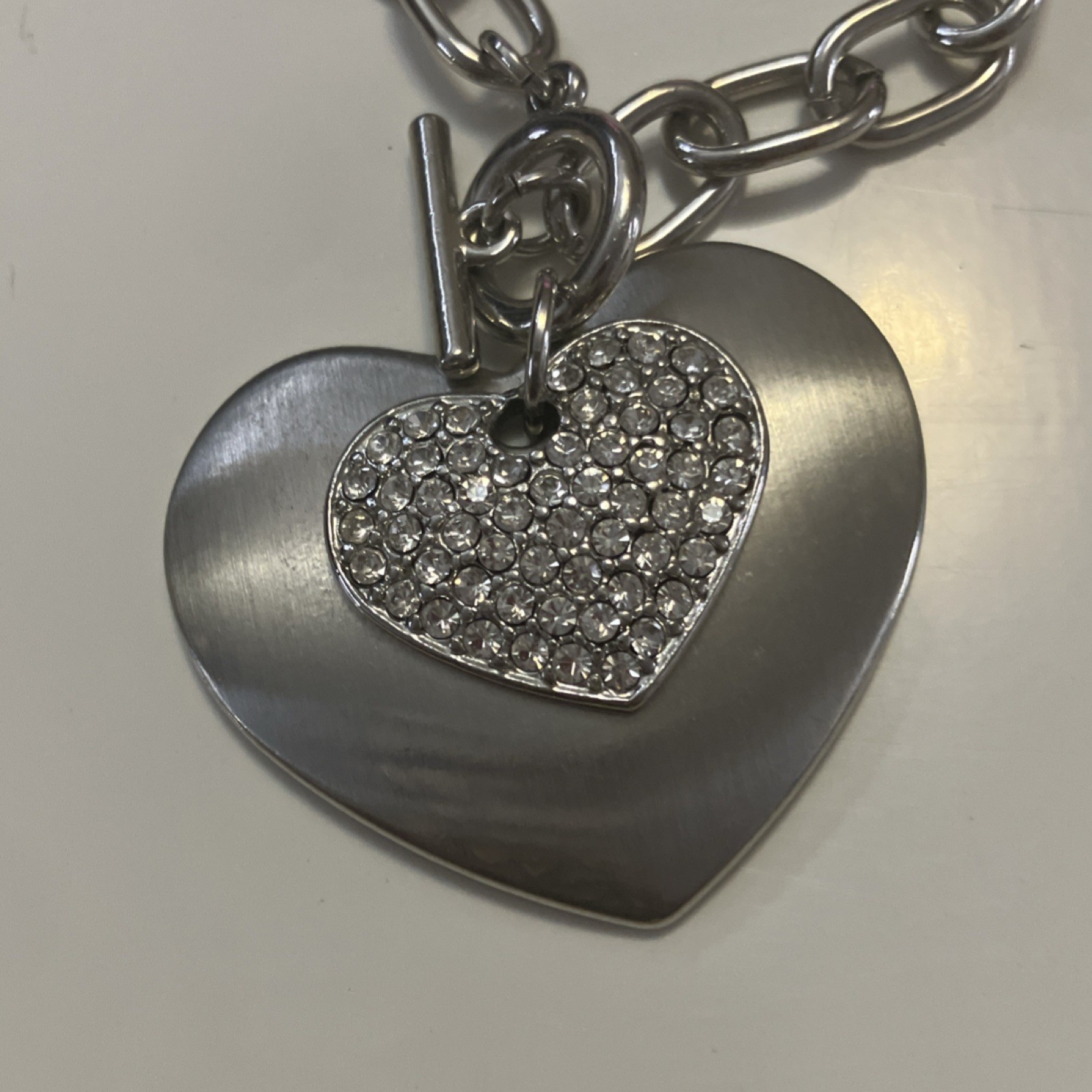 Silver Tone Heart Pendant Necklace Crystal Charm Oval Link Toggle Chain