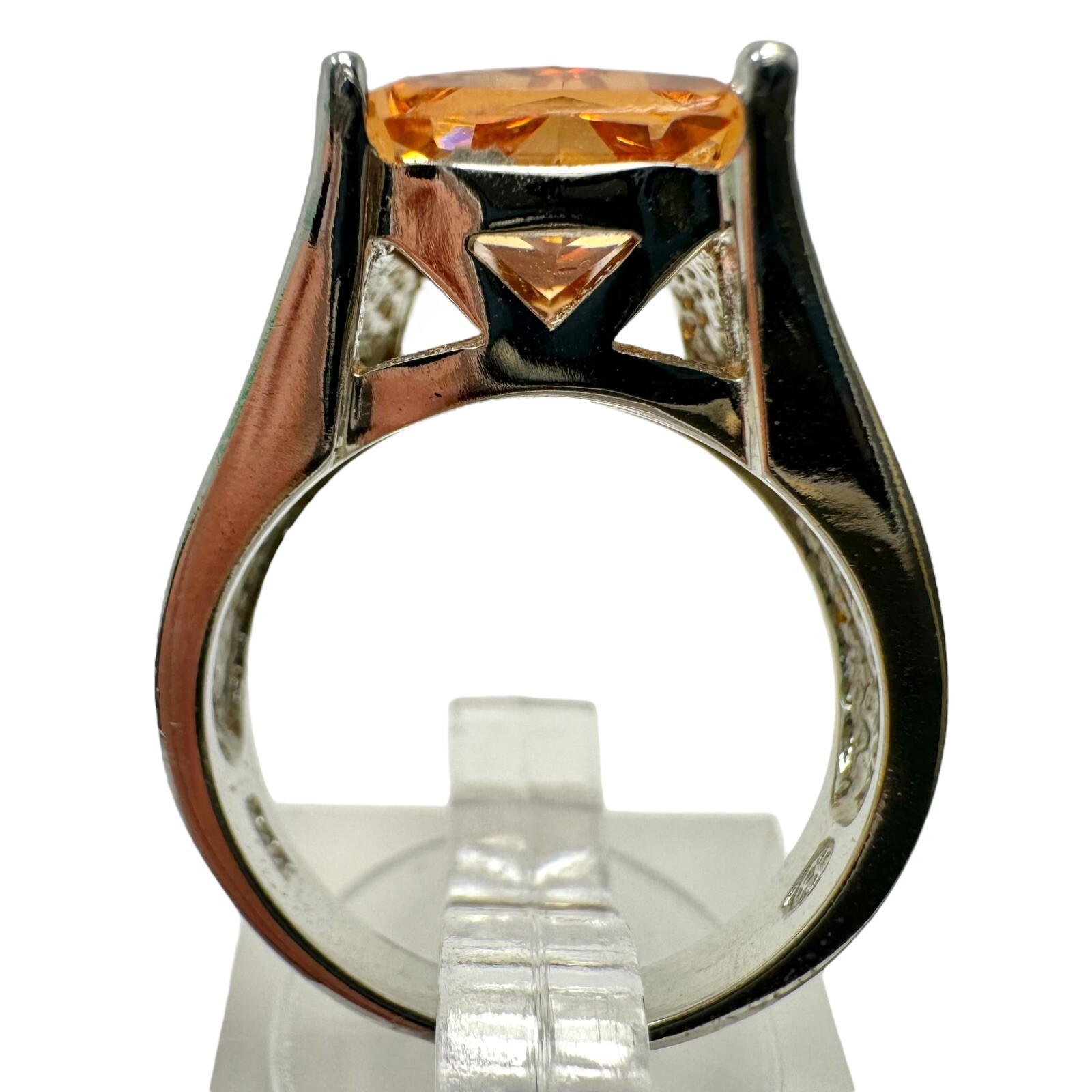 Vtg Silver Tone Faux Citrine Rhinestone Emerald Cut Large Solitaire Ring Sz 7