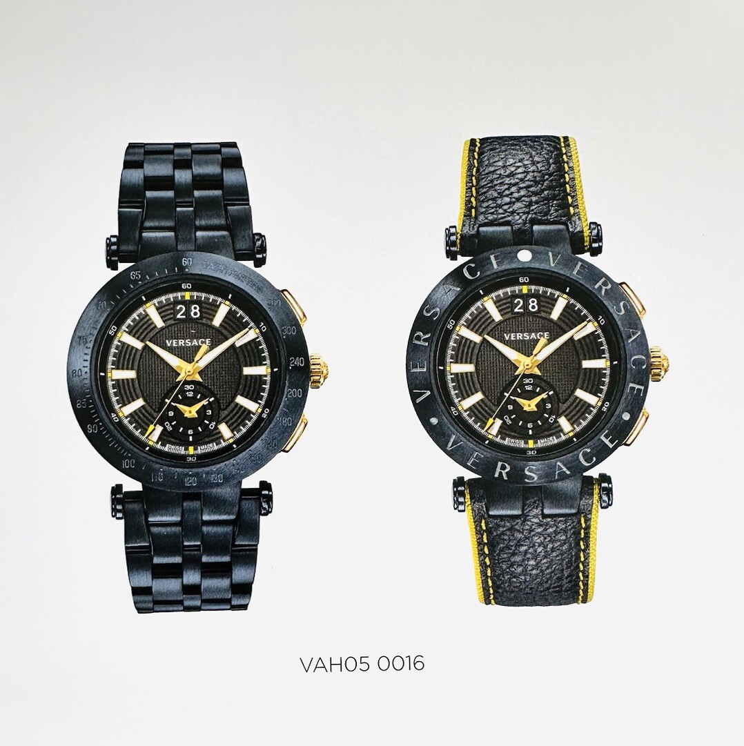 VERSACE WATCH STRAP , VAH , BLACK + YELLOW STITCHING YELLOW , TONGUE BUCKLE