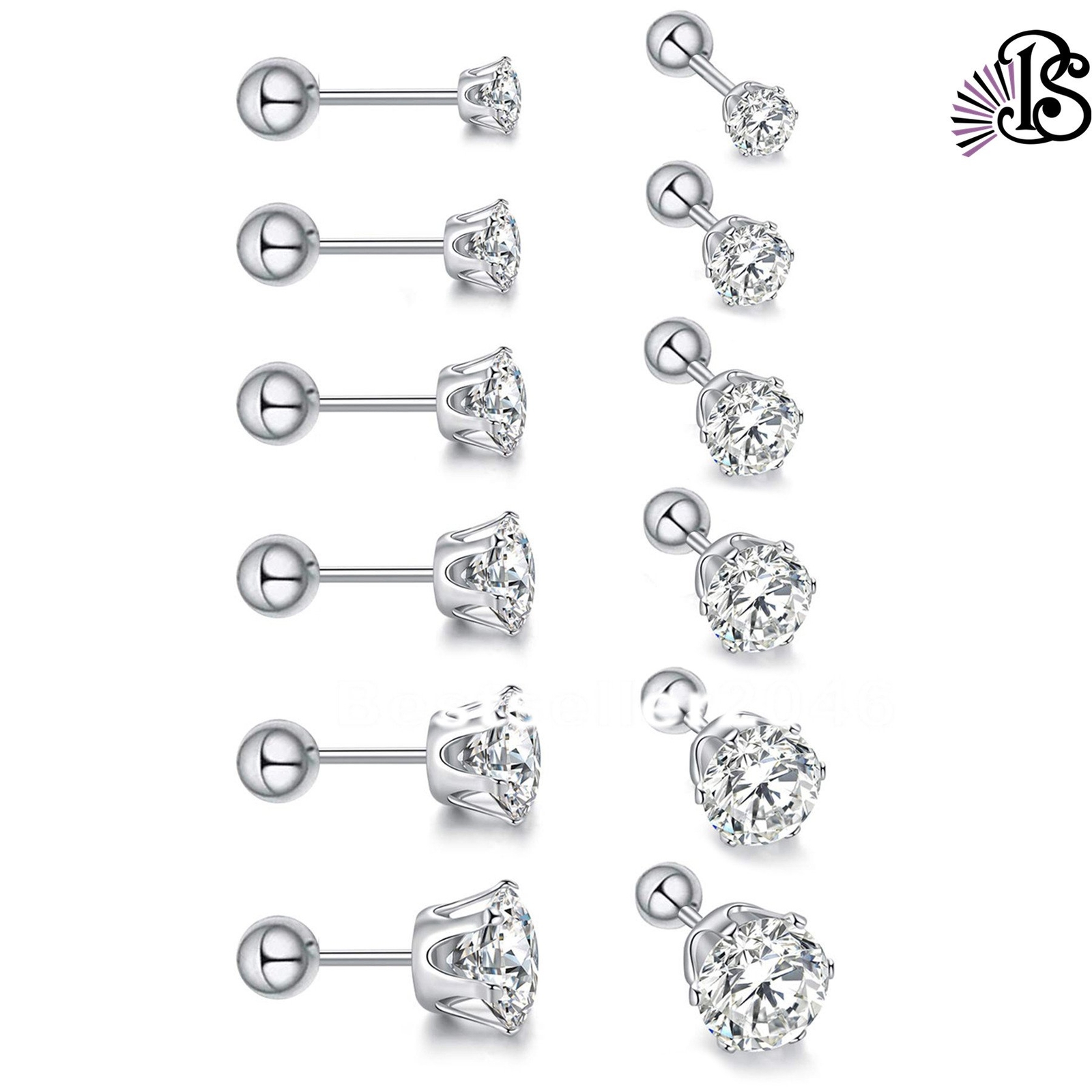 6 Pairs Stainless Steel Round Cubic Zirconia Stud Earrings Set for Men Women