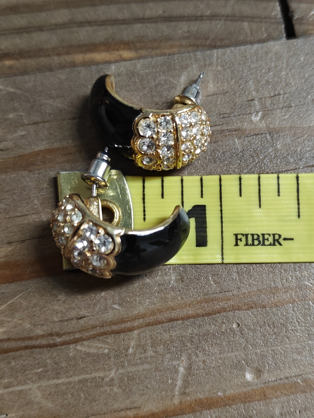 Swarovski Swan Logo Signed Black Enamel Rhinestone Half Hoop Pierced Earrings