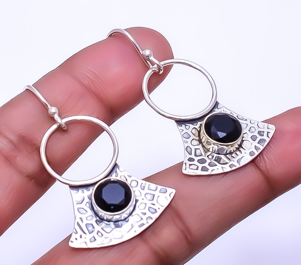 Black Onyx 925 Sterling Silver Textured Basket Earring 1.68″ E2010110, Christmas