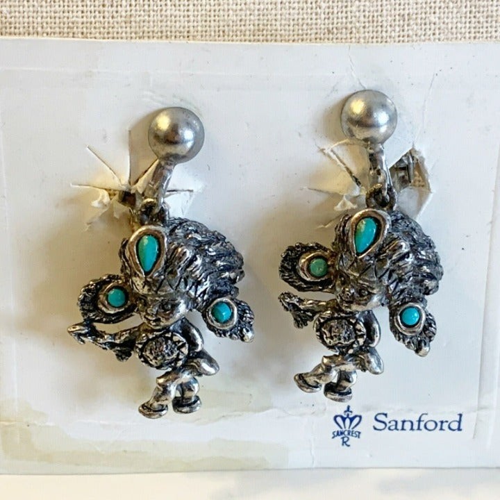 Sancrest Sandford Silver Co Warrior Silver Toned Necklace Earrings Turquoise VTG