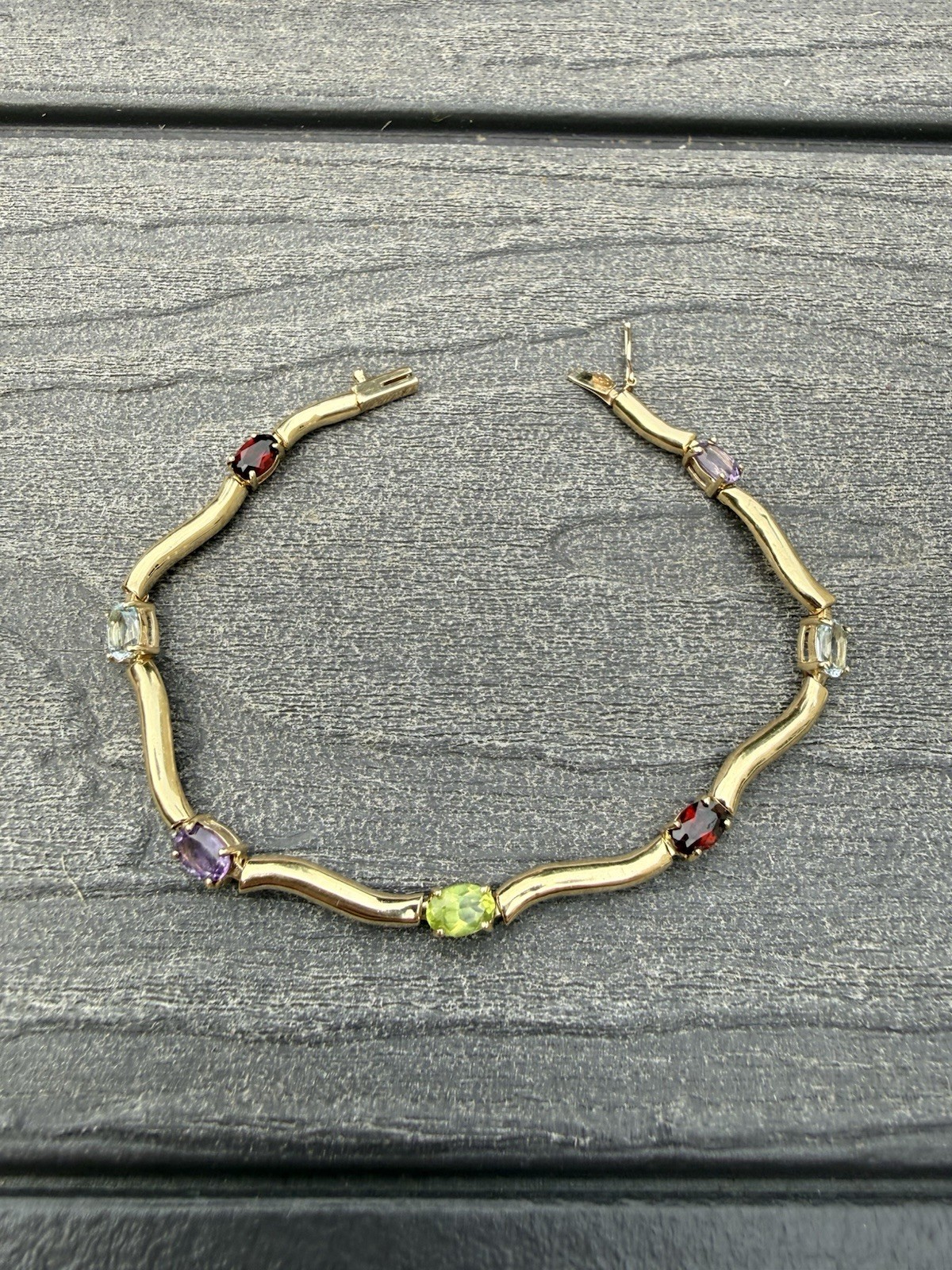 6g Vintage 10k Yellow Gold Wavy Multi Birthstone Rainbow Tennis Bracelet 7.25”