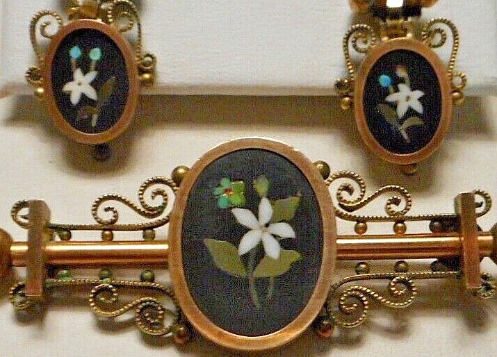 Antique Victorian Gold-Filled Italian Floral Micro Mosaic Brooch & Earrings Set