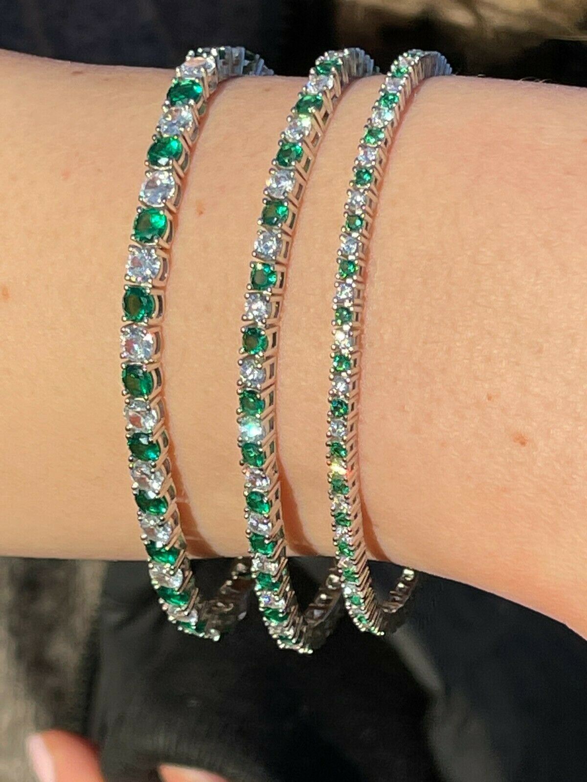 Tennis Bracelet SOLID 925 Sterling Silver Iced Simulated Diamond & Green Emerald