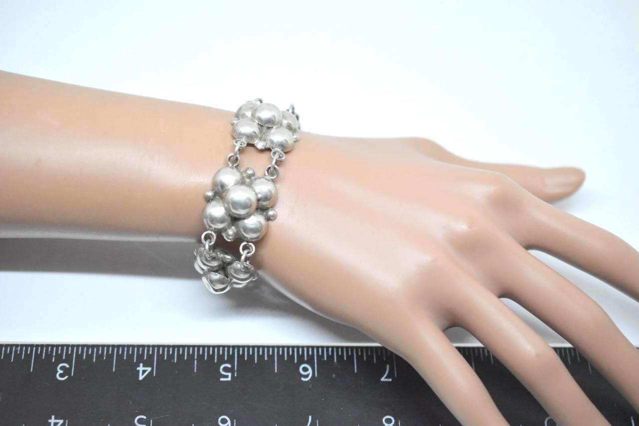 Vintage Mexico Modernist Hollow Puffy Bead 22.9MM Panel Silver Bracelet 6.75″