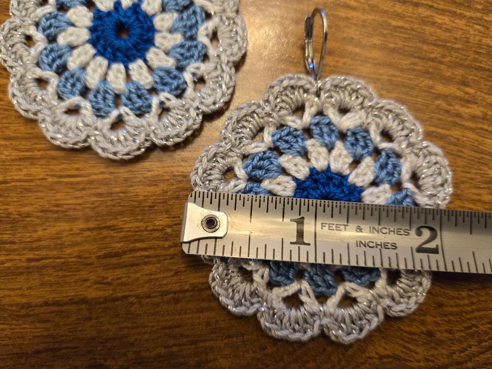 2″ Dallas Cowboys Inspired Crochet Earrings Blue White Silver Hand Made by Eve