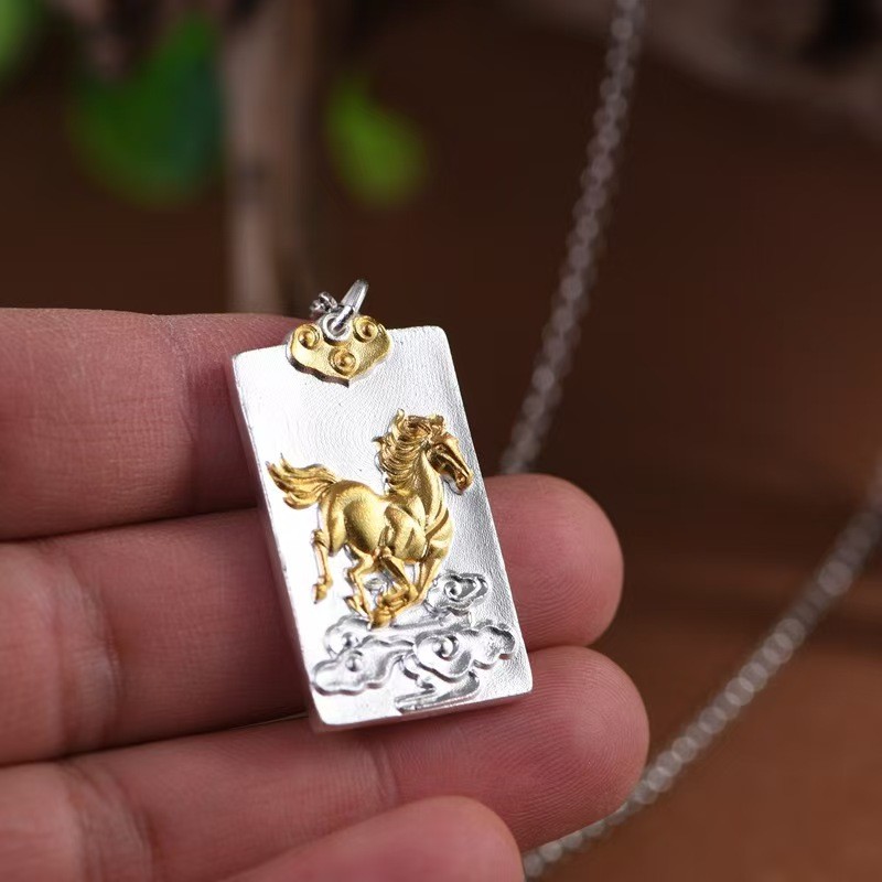 Pure S999 Fine Silver Men Women Gift Lucky Horse Oblong Pendant 16-17g 38*20mm