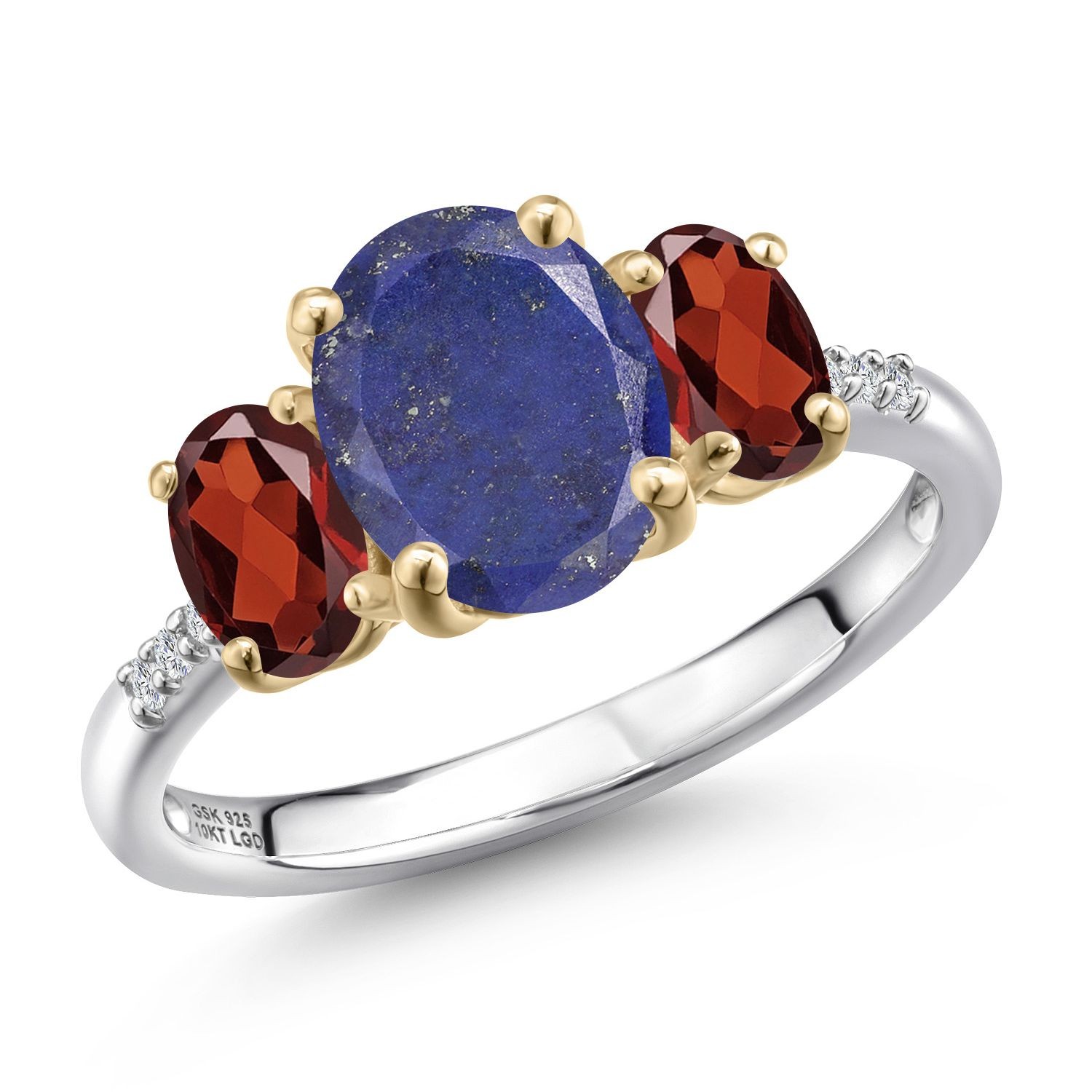 925 Silver and 10K Yellow Gold Blue Lapis and Garnet and Lab Grown Diamond