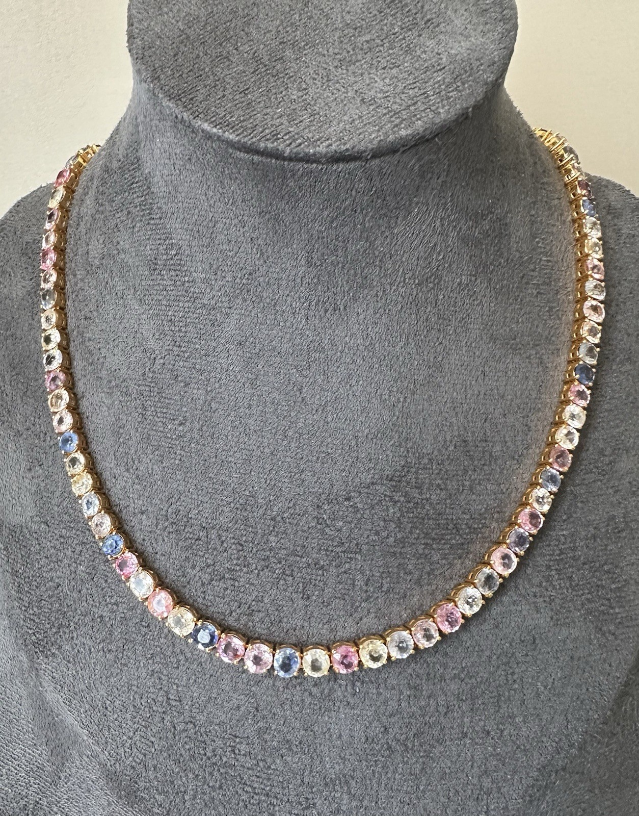 Certified Natural Burma Mogok Multicolor Sapphire 19K Yellow Gold TennisNeckalce