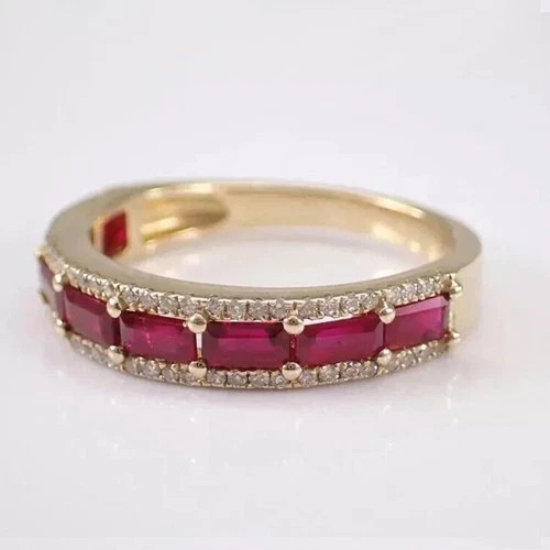 July Birthstone Gift Emerald Cut Natural Ruby & Diamond Eternity Band 14K Gold