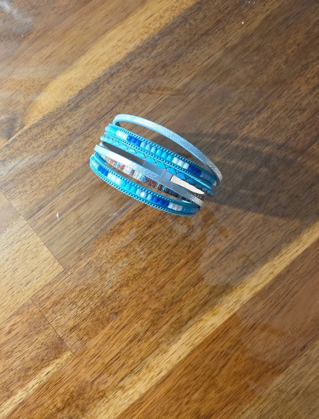 Turquoise Leather Wrap Bracelet, Multilayer Boho Cuff with Magnetic Clasp