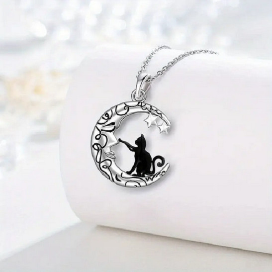 BLACK CAT CELTIC MOON STAR Pendant on 18″ 925 Plated Sterling Silver Necklace