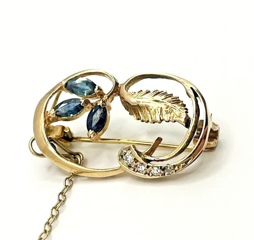 ⭐ Fabulous 9ct Yellow Gold Sapphire & Diamond Brooch 3.3 Grams 16.7mm By 26.7mm
