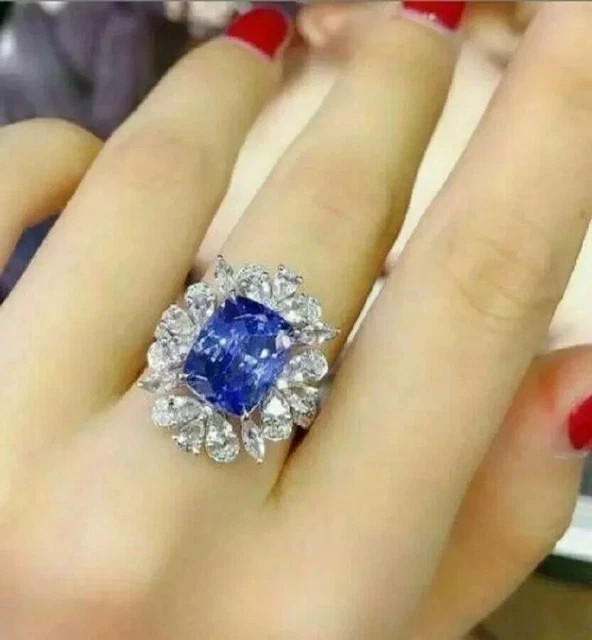 4Ct Cushion Lab Created Blue Tanzanite Halo Wedding Ring 14K White Gold Plated