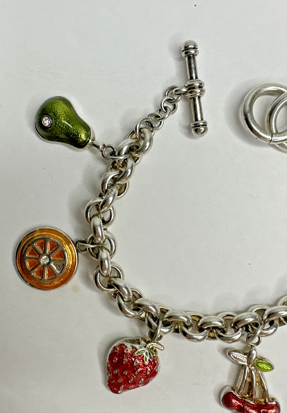 Best Brand Charm Bracelet Fruit Cherry Orange Strawberry Pear Silver Plated 8″