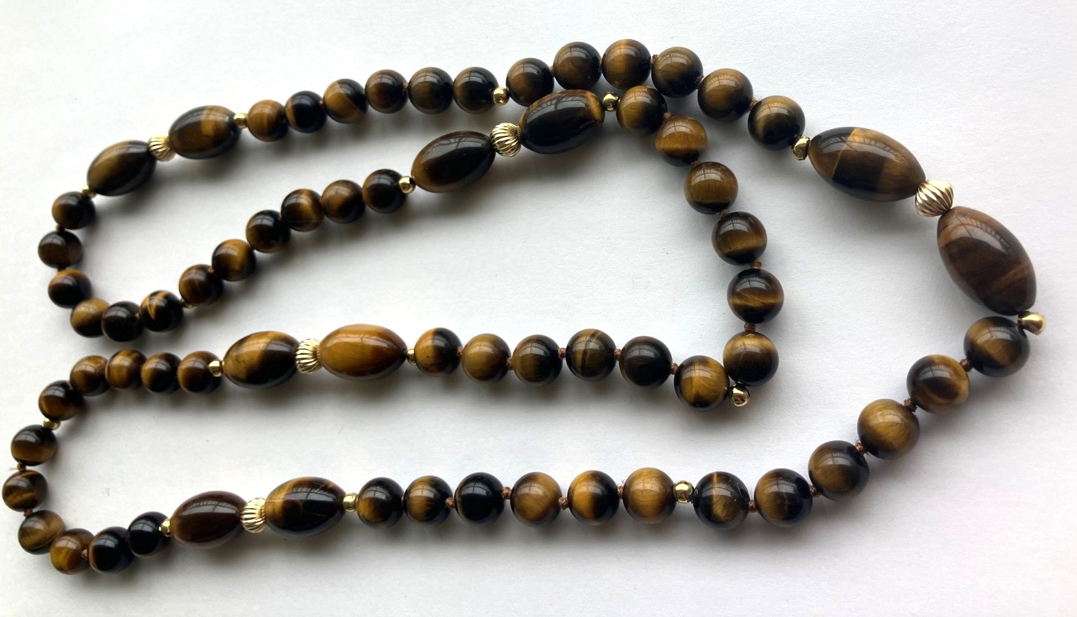 Stunning Beautiful 120 gram 34″ Tiger’s Eye Beaded Necklace With 14K Gold Beads