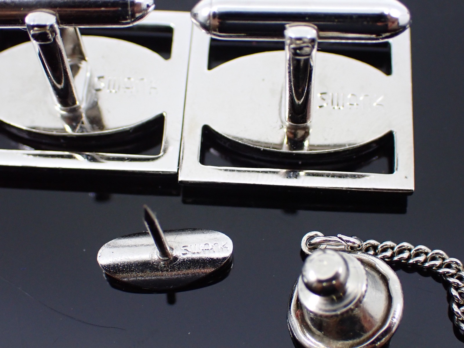 Vintage Swank Silver Tone Cufflinks Tie Tack Set Etched Oval Mid Century Modern