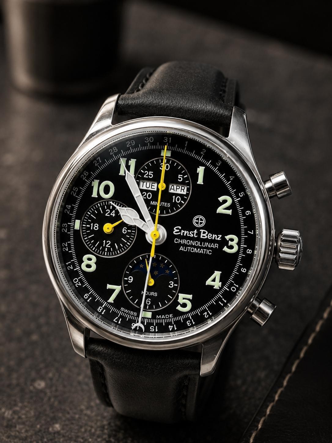 Ernst Benz Chronolunar Automatic Black Dial Leather Strap Watch Swiss
