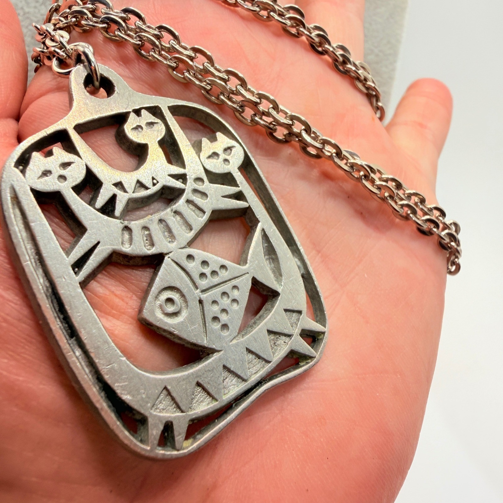 Vintage Sweden MCM Pewter Cats Fish Pendant Necklace Silver Tone Folk Art