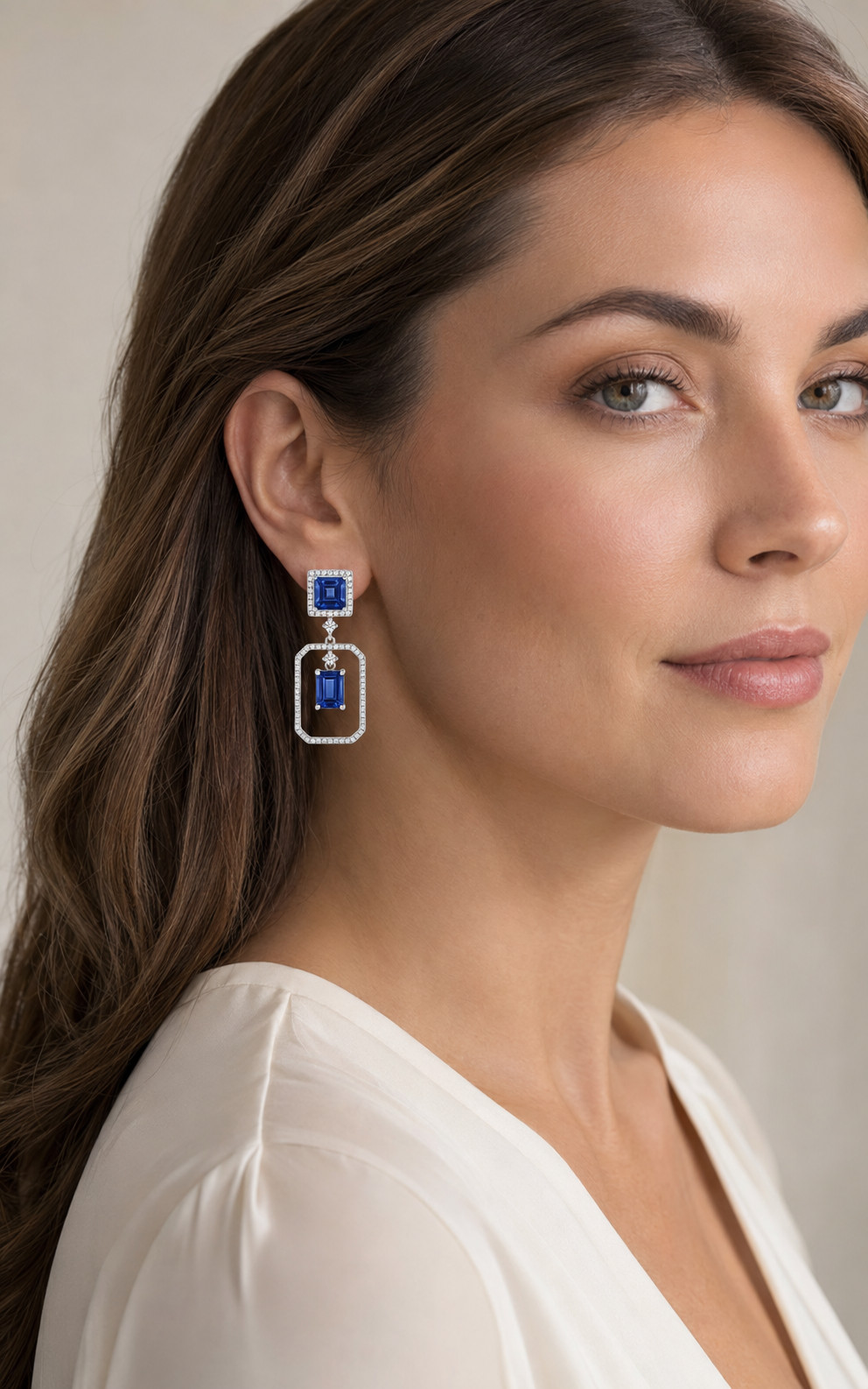 925 Sterling Silver Lab Grown Blue Sapphire Asscher Cut Moissanite Drop Earrings