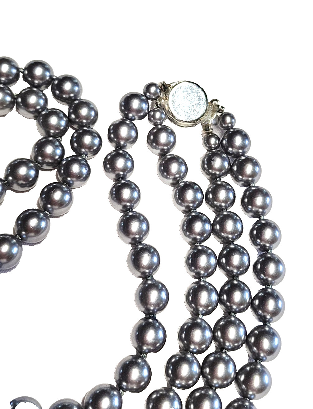 Vintage Silver Gray Long Faux Glass Pearl Necklace Pretty Push Lock Clasp 22”