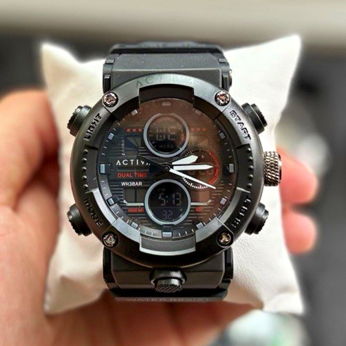 Activa Men’s Dual Time Analog-Digital Quartz Sport Watch, Black Rubber Strap