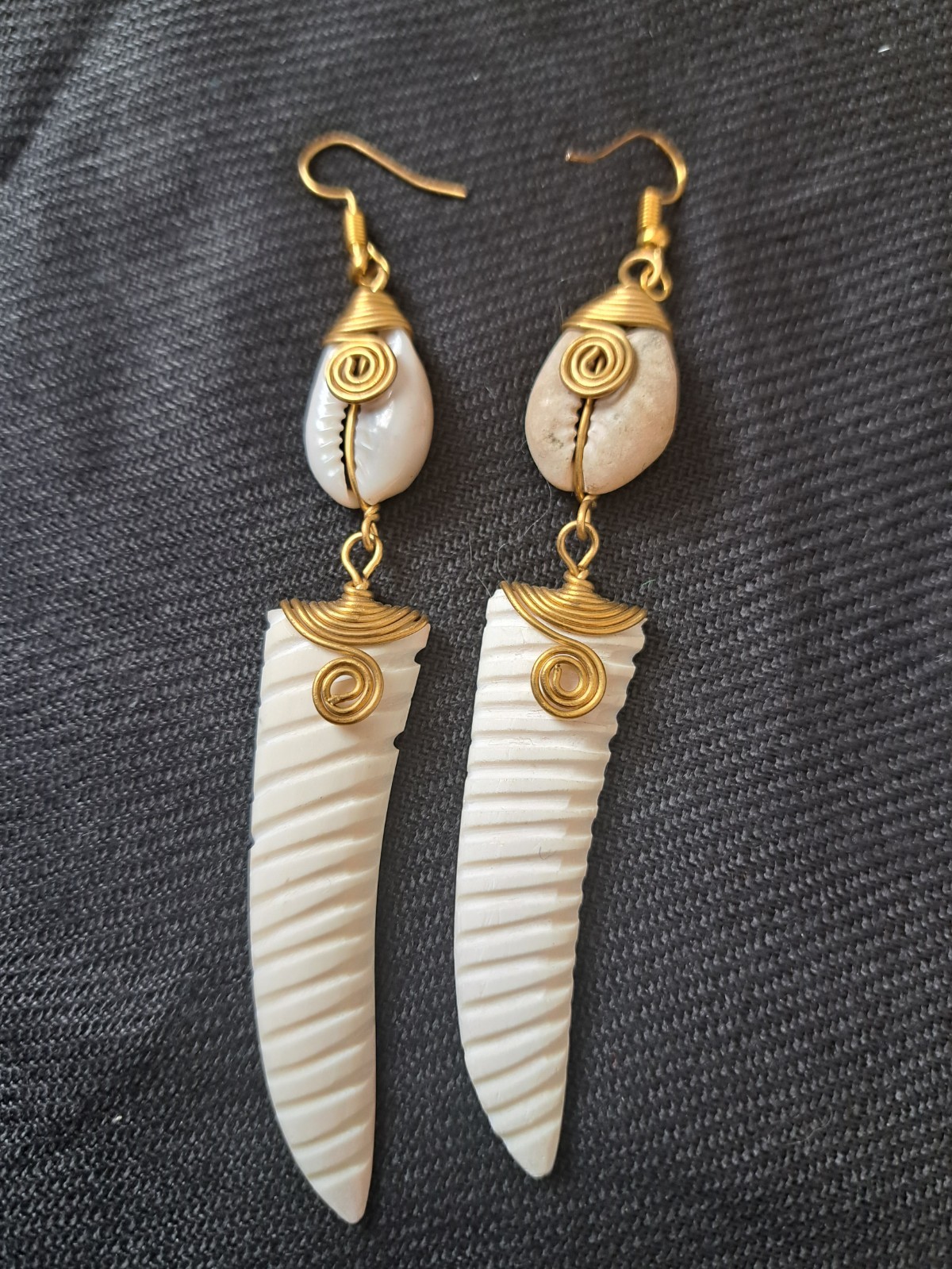 3″ Handcrafted African Bone Dangling Earrings With Bronze Spiral From Kenya