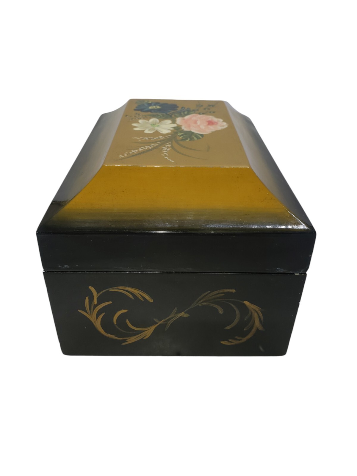 Vintage Hand Painted Wooden Jewelry Keepsake Box Floral Folk Art Black