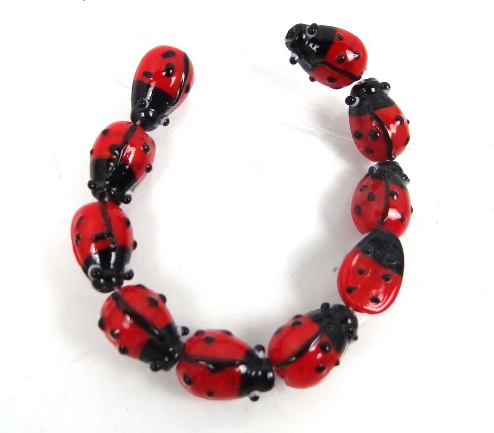 10 Small Lampwork Glass Ladybug Beads 14x10mm