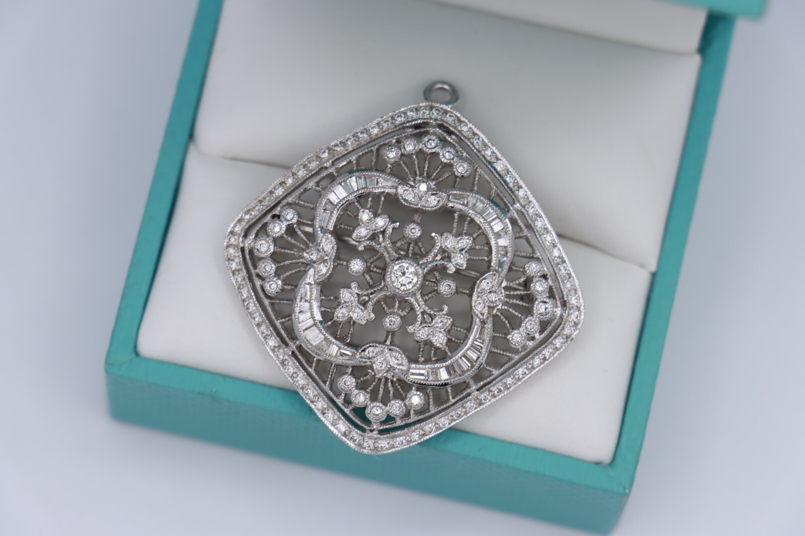 1.00tcw Diamond Art Deco-style Filigree Pendant & Brooch | 18K White Gold