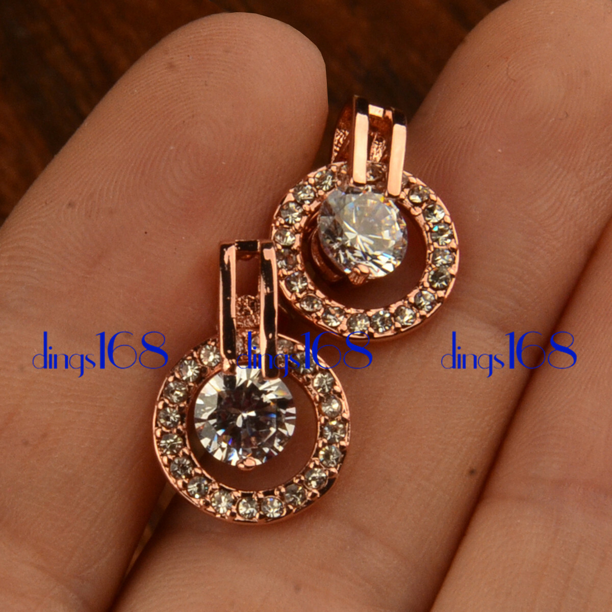 18K Rose Gold Filled Double Circle Round Crystal Micropave Stud Post Earring HG4