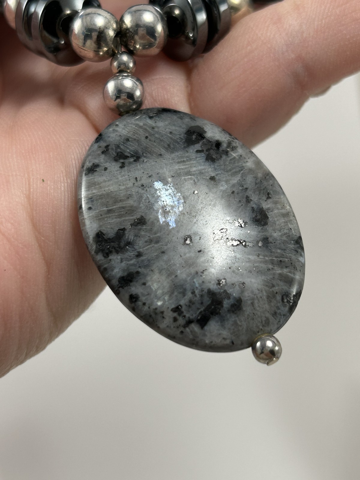 Larvikite Labradorite Hematite Silver Beaded Necklace Handmade Blue Flash Oval
