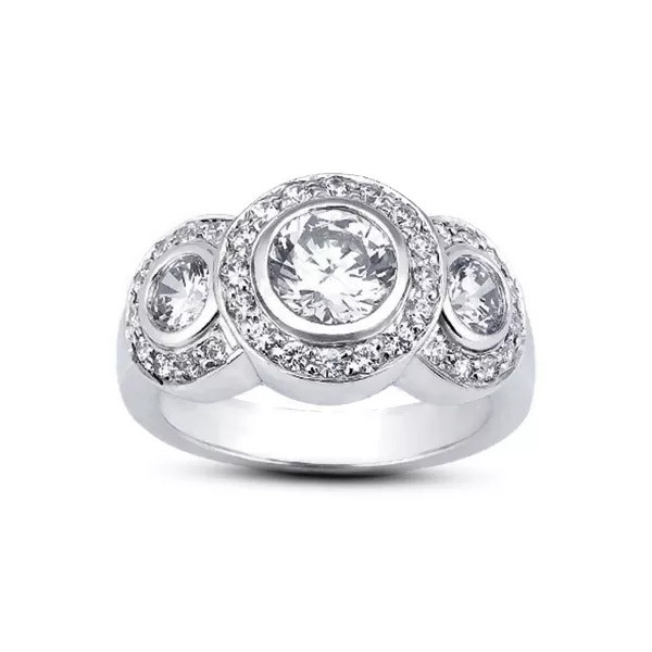 14K Gold 3-Stone Engagement Ring Halo 1.81 Carat Round Lab-Grown Diamond E VS1