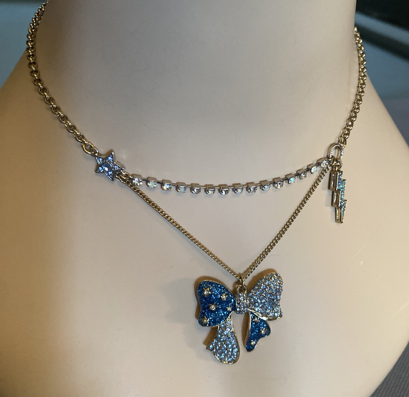 BETSEY JOHNSON Necklace HEAVENS TO BETSEY BLUE PAVE CRYSTAL Lightening Bolt, Bow