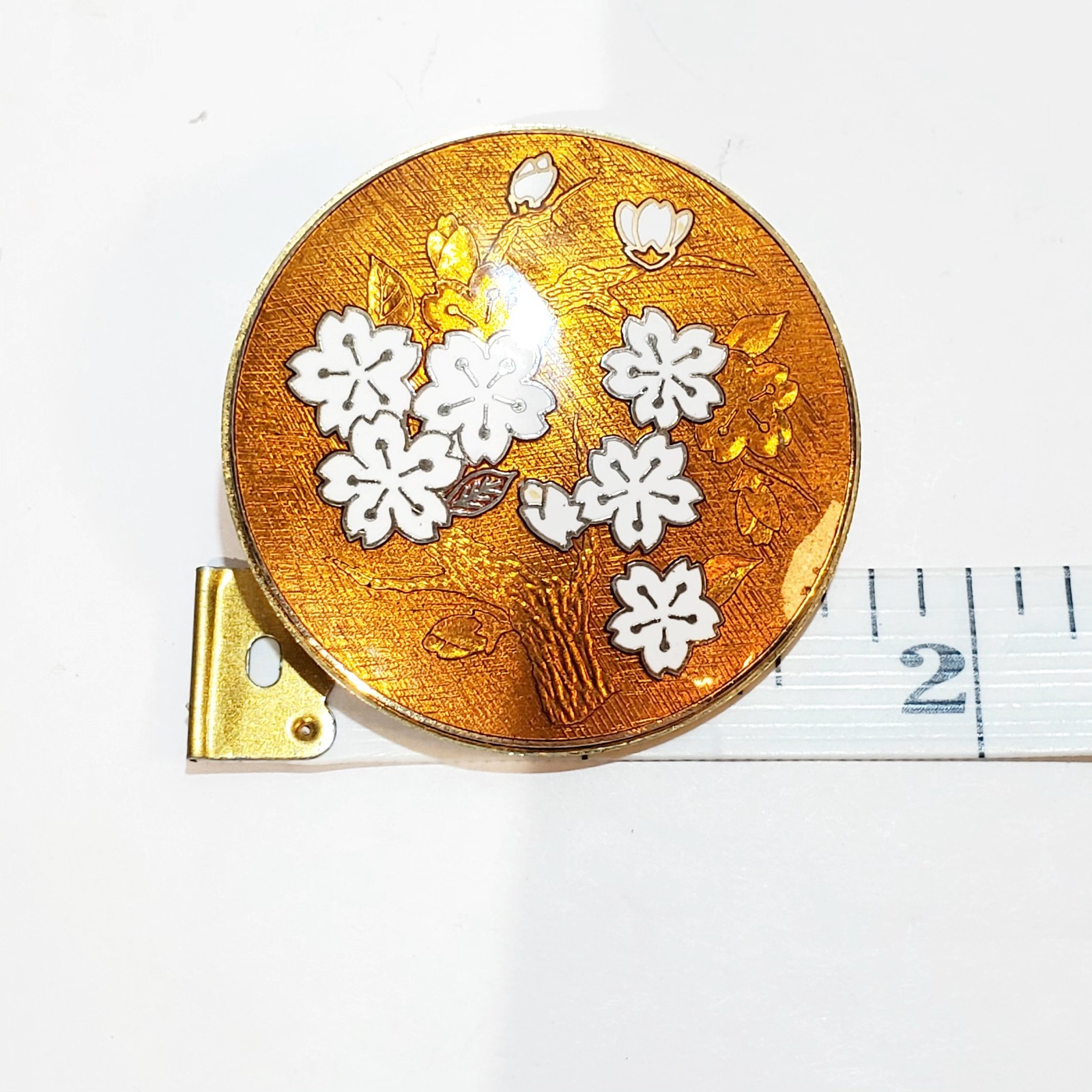 Vintage Gold Tone Metal and Enamel Round Floral Brooch Pin or Pendant