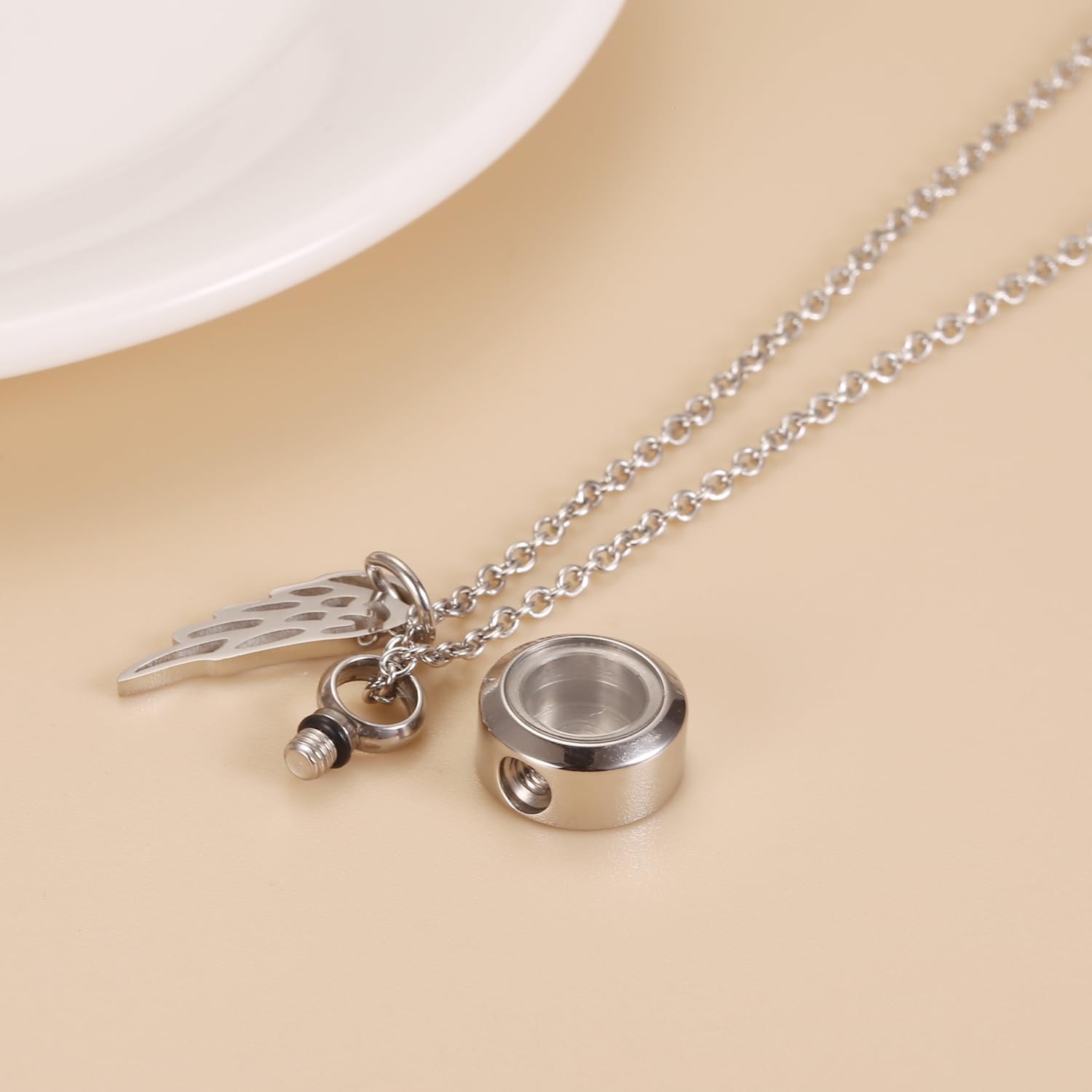 Tiny Glass Round Cremation Urn Necklace For Ashes For Women With Angel Wing S…