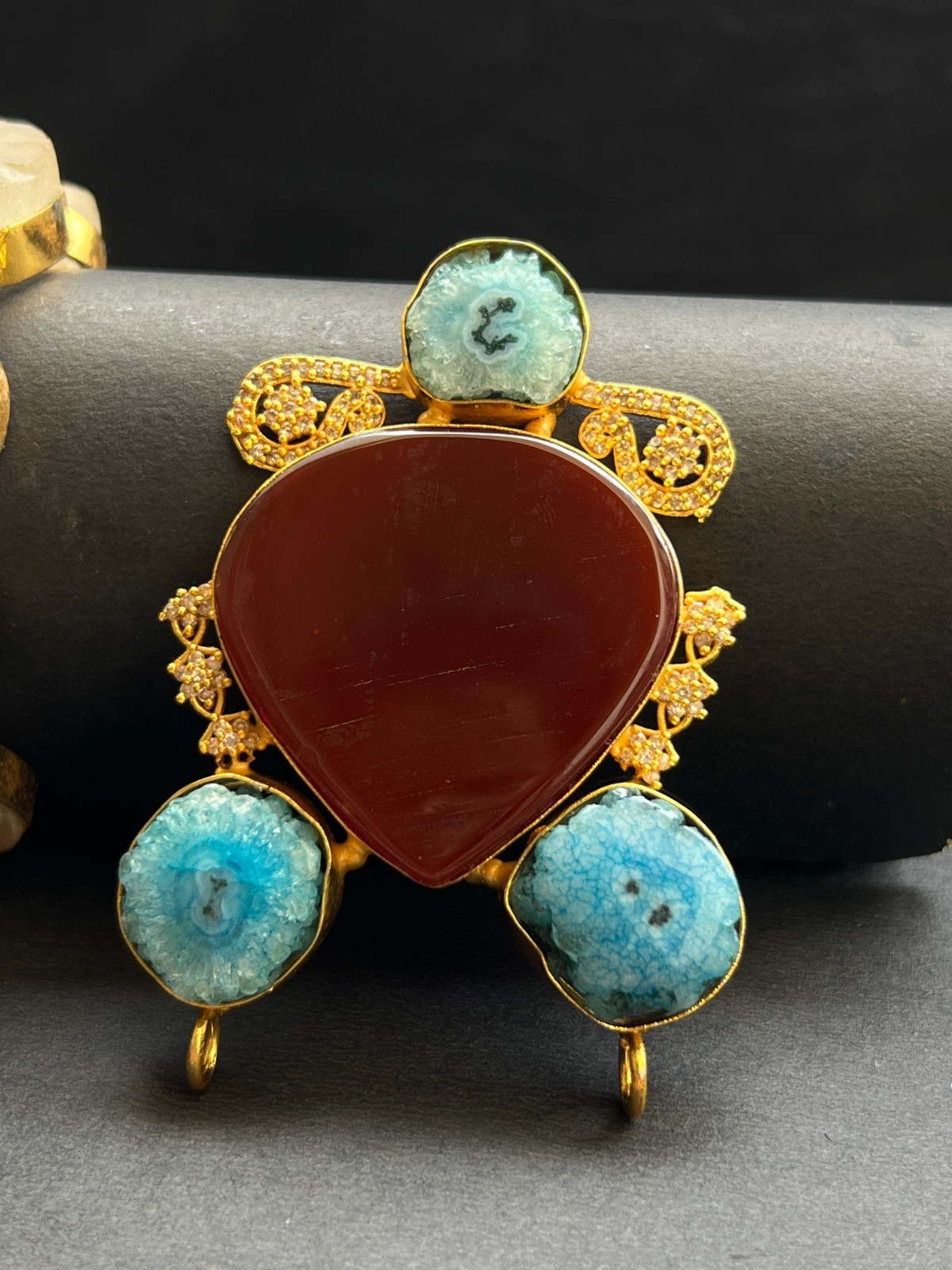 Designer Pendant Red Agate & Blue Druzy | Gold Plated Luxury Statement Jewelry