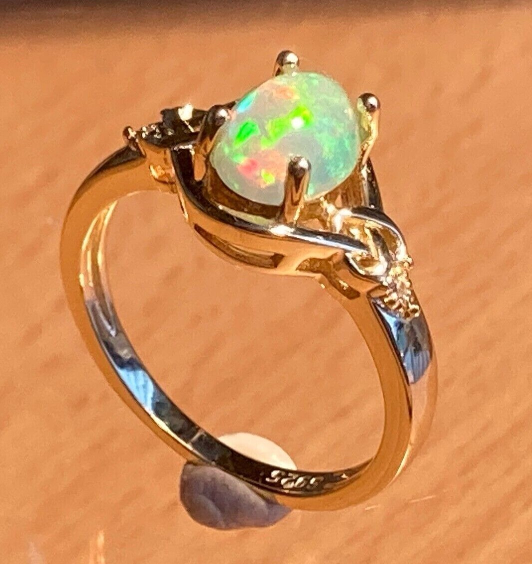 Fire Opal Ring Natural 8x6mm Solid Opal Solid Sterling Silver Sizes 6 to 11 US