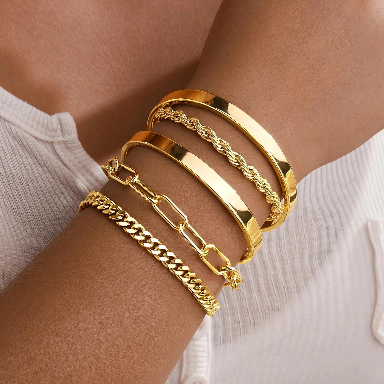 Gold Bracelets Set for Women Non Tarnish, Waterproof 14K Gold Plated