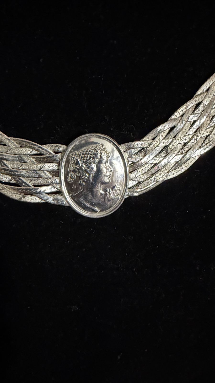 Vintage Italian Milor Sterling Silver Woven Herringbone Cameo Medallion Necklace