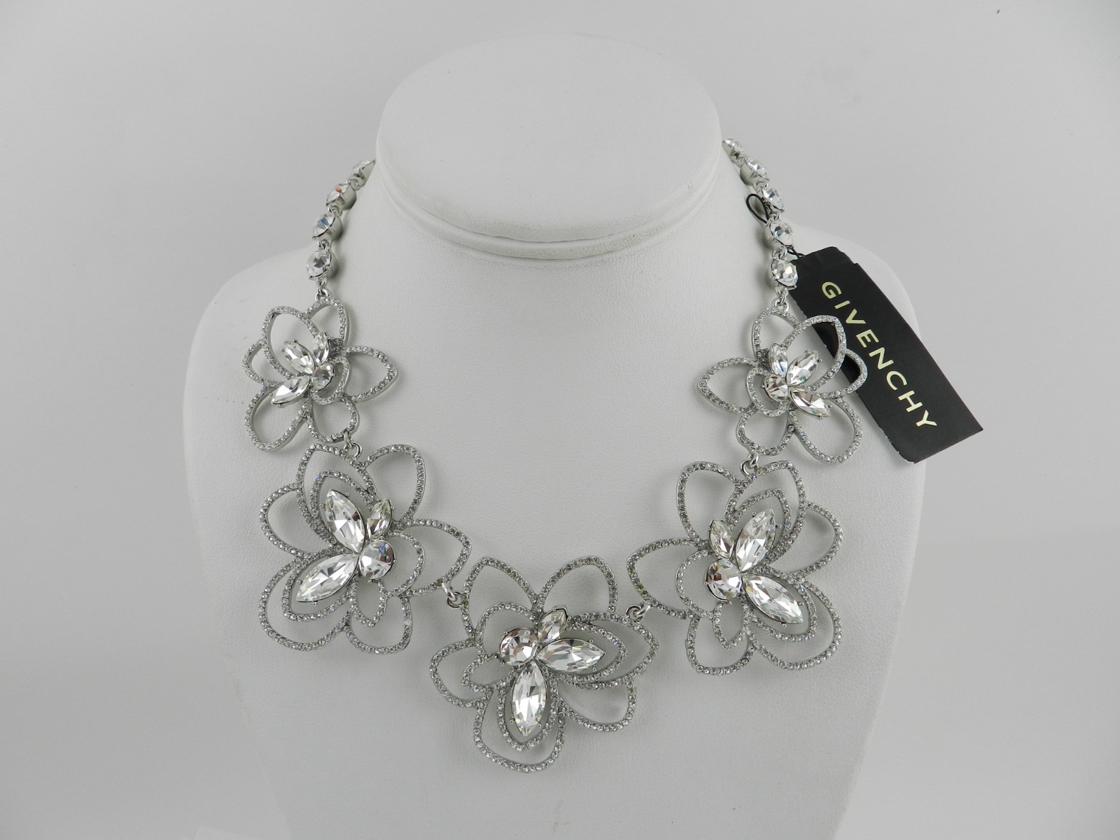 Givenchy Silver-Tone Pavé & Crystal Flower Statement Necklace, 16″ + 3″ extender